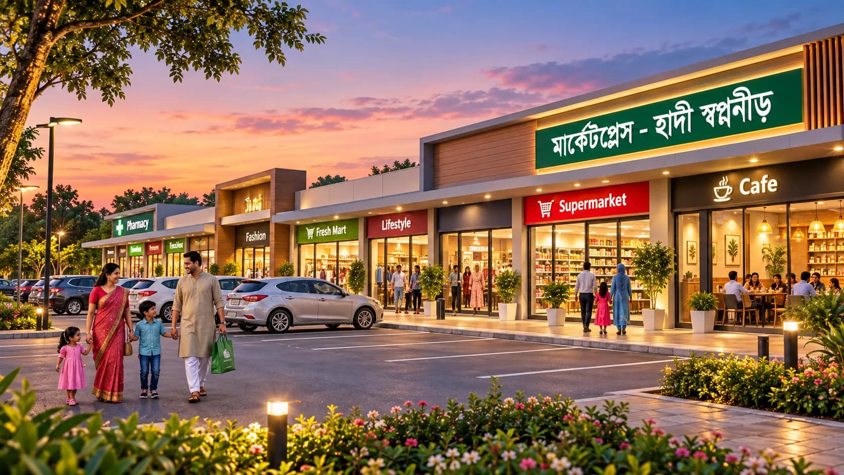 সন্ধ্যায় মার্কেটপ্লেসের সামনে পরিবার (ভাবনাচিত্র)
