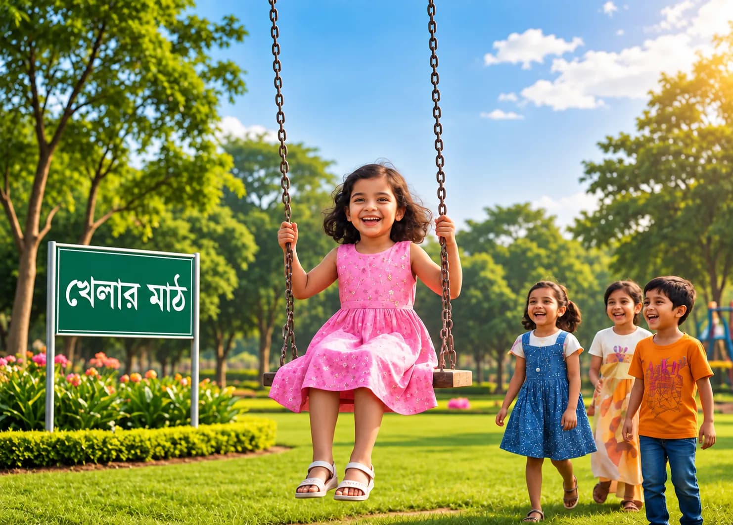 সবুজ মাঠে দোলনায় শিশু (ভাবনাচিত্র)